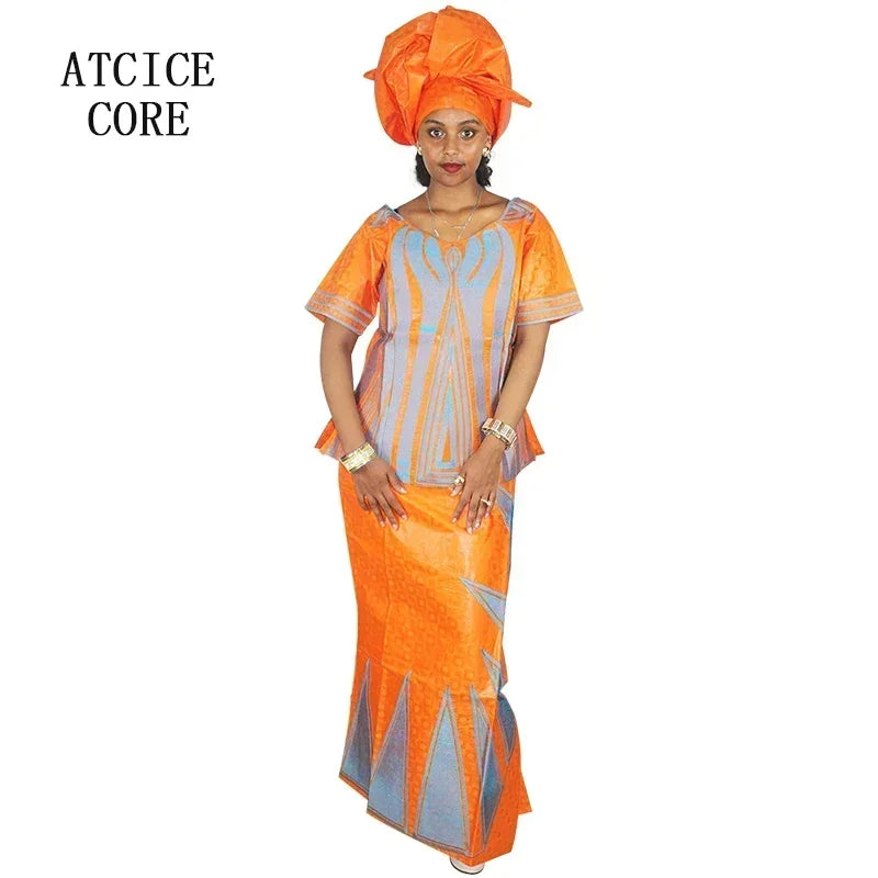 African Dresses For Women African Fabric Bazin Riche Embroidery Design Dress Long Dress With Headtie African Clothes