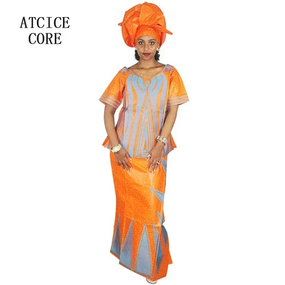 African Dresses For Women African Fabric Bazin Riche Embroidery Design Dress Long Dress With Headtie African Clothes