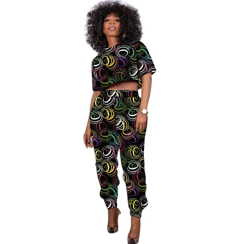 African Print Outfit Summer Women's Set Short Tops With Jogger Pants Casual Female Ankara Clothing