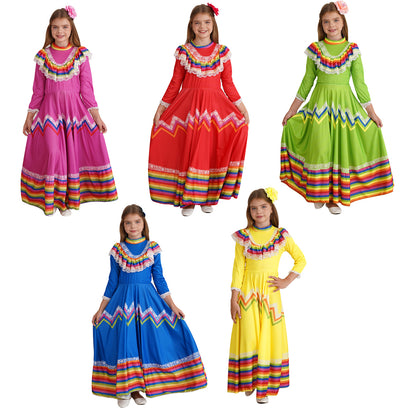 Kids Girls Mexican Style Costume Traditional Jalisco Dresses Carnival Festival Folklorico Dance Celebrations Performance Dress