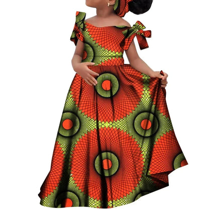 Kids Girls African Dashiki Dress Printted Vestidos Kids Cute Party Dresses African Clothing Long Dresses with Headscarf Wyt659