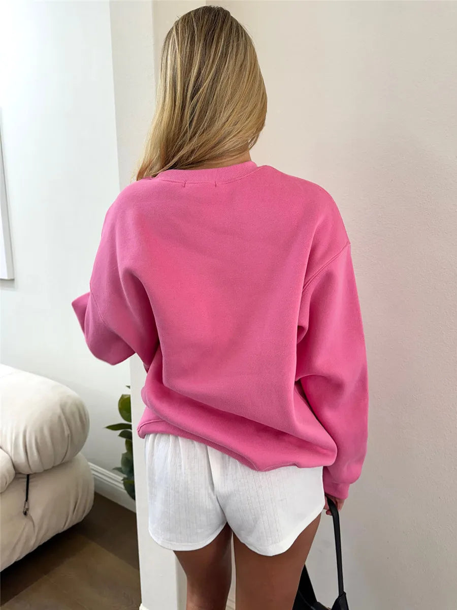 Cute Pink Bow Prints Hoodie for Women Fall Casual Loose Round Neck Long Sleeve Sweatshirts Female Spring Pullovers Tops Coat Y2K