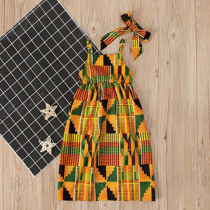 Girls African Clothes Children Fashion Cute Dresses Striped Print Dress for Baby w/ Headband Toddler Outfits