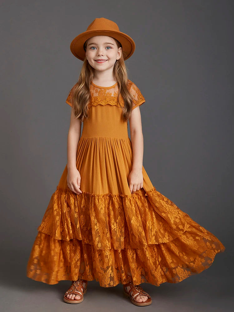 New 2024 Princess Girls Short Sleeve Lace Long Floor Dresses Baby Kids Flower Wedding Christmas Party Vestidos Children Clothing