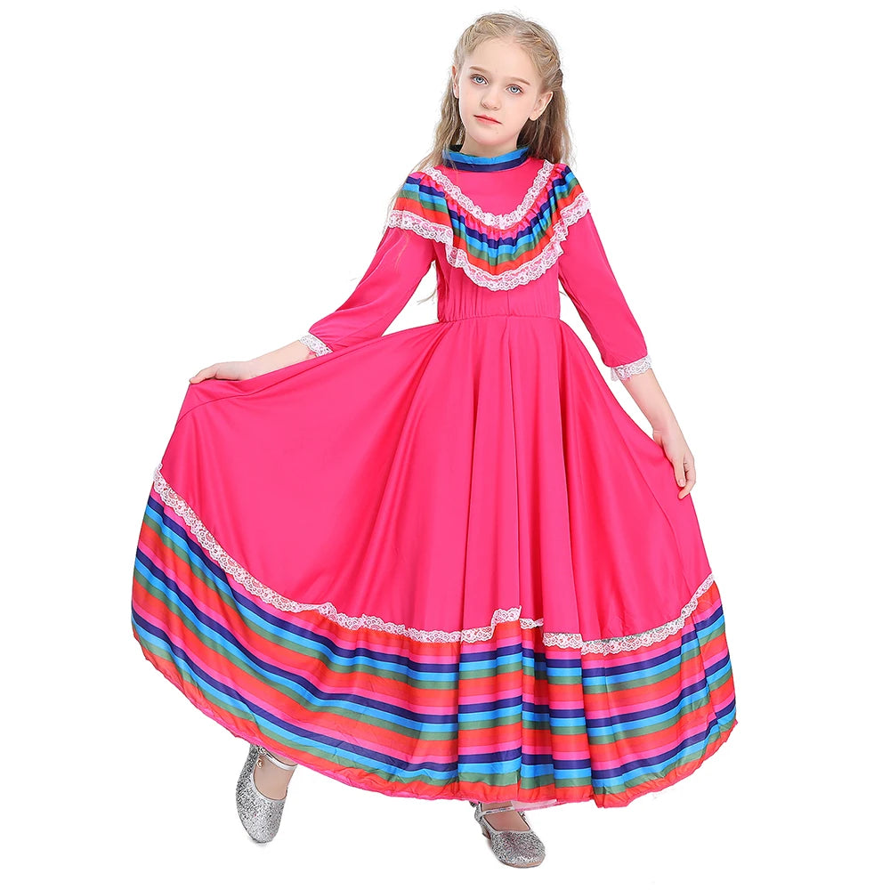 Child Girls Jalisco Traditional Guadalajara Mexican Folk Dancer Costume Halloween Carnival Costumes For Kids 3 Colors Available