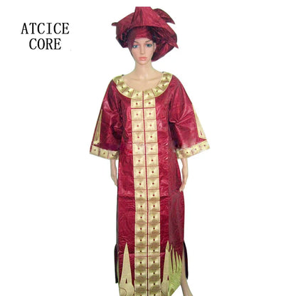 African Dresses For Woman Bazin Riche Embroidery Desing Long Dress With Scarf 2 Piece Set