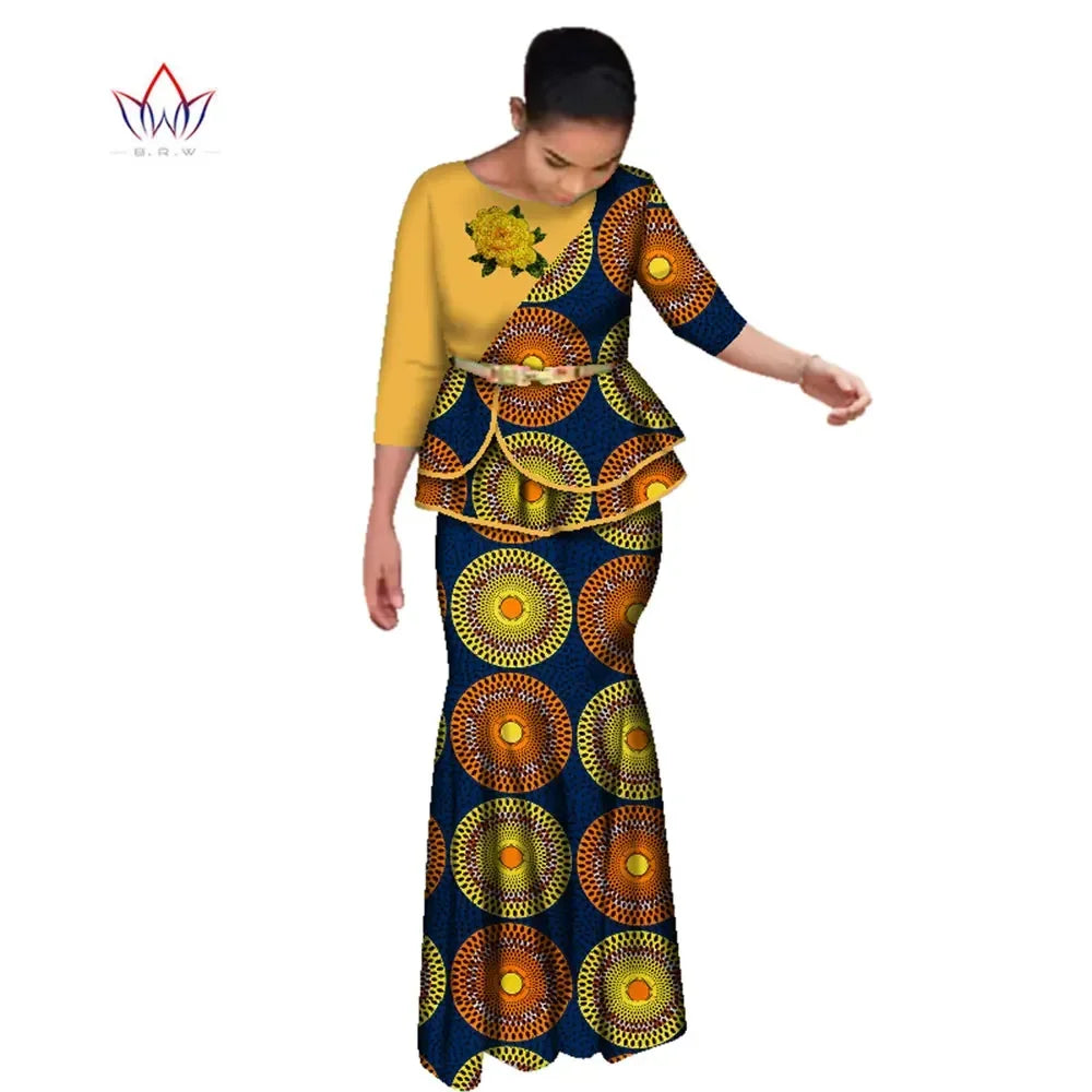 BRW Traditional African Clothes for Women Dashiki 2 Pcs Outfits Rose Applique Tops and Long Skirt Set Elegant Party Dress WY2642