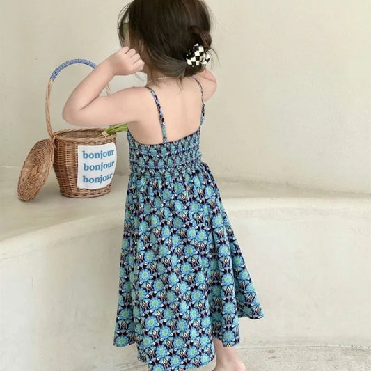 Girls' Camisole Dress Summer Korean Holiday Style Dress Personalized Retro Printed Vest Dress Fashionable Children'S Clothing