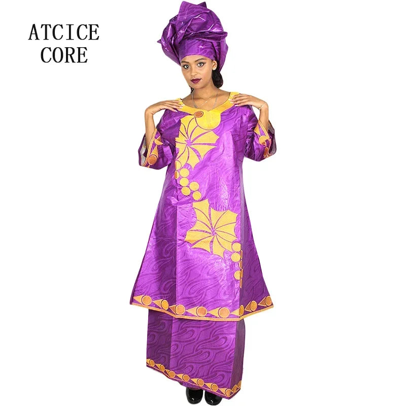 African Dresses Ror Women Bazin Riche Embroidery Design Long Dress With Rapper Scarf