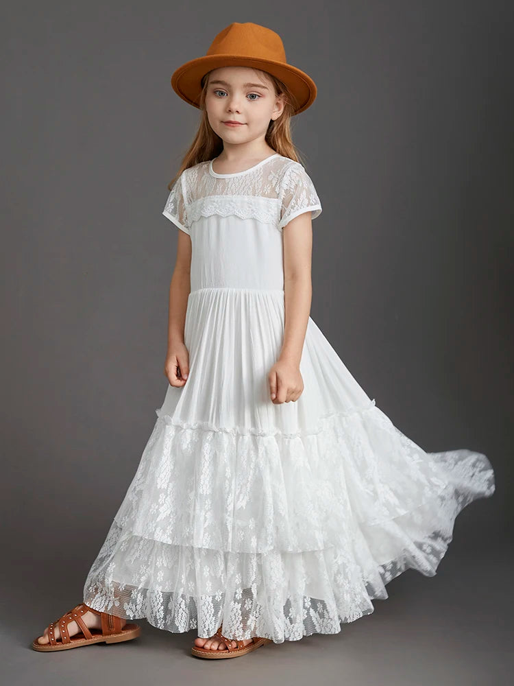 New 2024 Princess Girls Short Sleeve Lace Long Floor Dresses Baby Kids Flower Wedding Christmas Party Vestidos Children Clothing