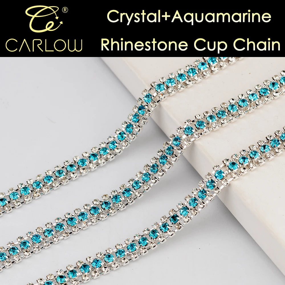 CARLOW AAAAA 3 Rows Rhinestone Cup Chain Sew on Shiny Gold Base Glass Stone Chain for Garement Decoration DIY