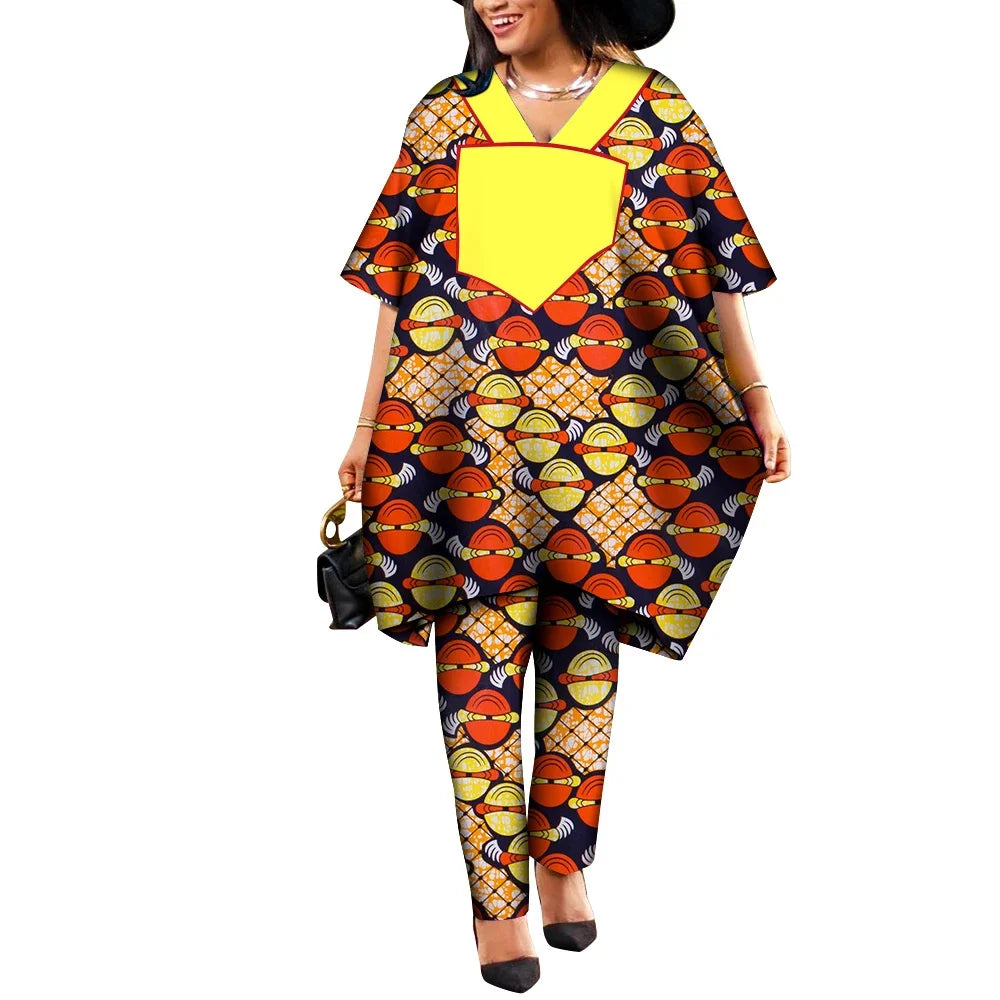 Ankara African Prints Two Pieces Set Women's Agbada Pant Suits Wax Cotton Loose T-Shirt Dashiki Clothing Plus Size WY9100