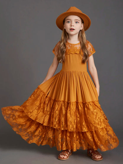 New 2024 Princess Girls Short Sleeve Lace Long Floor Dresses Baby Kids Flower Wedding Christmas Party Vestidos Children Clothing