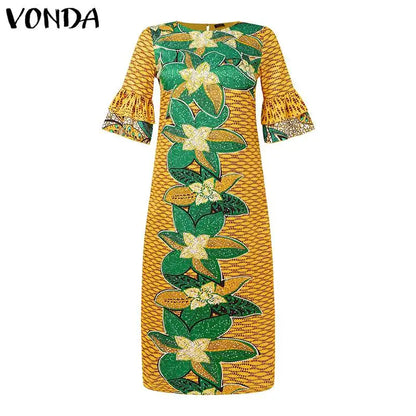 Plus Size 5XL VONDA Women Maxi Dress 2024 Vintage Printed Flare Sleeve Sundress Elegant Party Long Dress Vestido Loose Robe