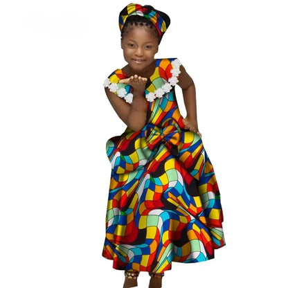 African Dresses for Little Girls Pleated Skirt Gifted Hair Band Lovely Girl Clothing with Big Bow Custom Size Clothes  WYT538