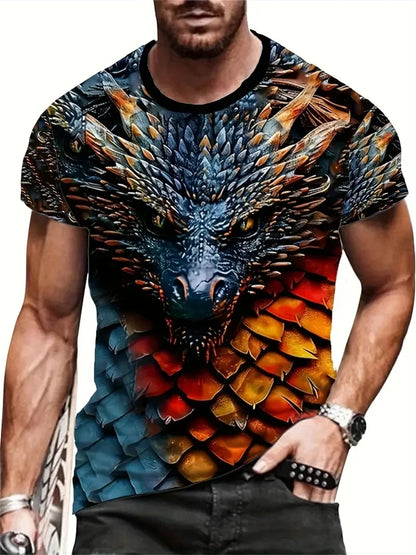 Mens Dragon Print Cotton Blend T-shirt - Stylish Crew Neck Comfortable & Breathable for Summer Casual Everyday Wear Hot Sale