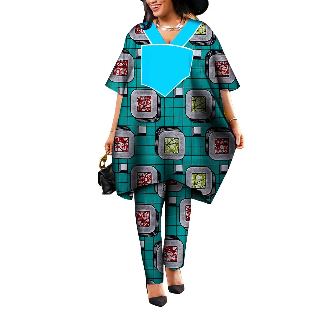 Ankara African Prints Two Pieces Set Women's Agbada Pant Suits Wax Cotton Loose T-Shirt Dashiki Clothing Plus Size WY9100