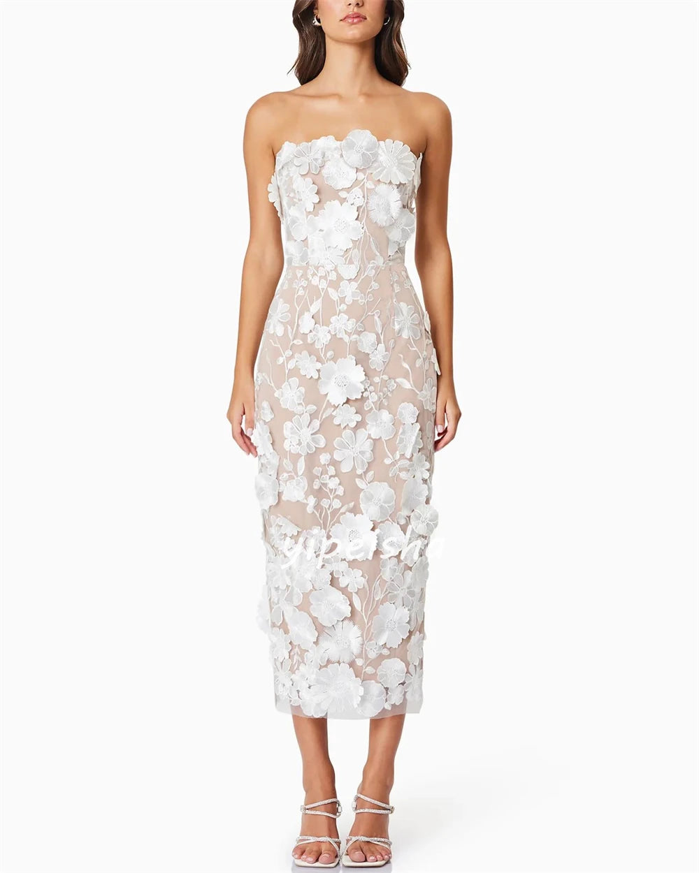 Customized Lace Flower Celebrity A-Line Strapless Dress with Unique Design – Elegant Bloom, Gorgeous Floral Detailing