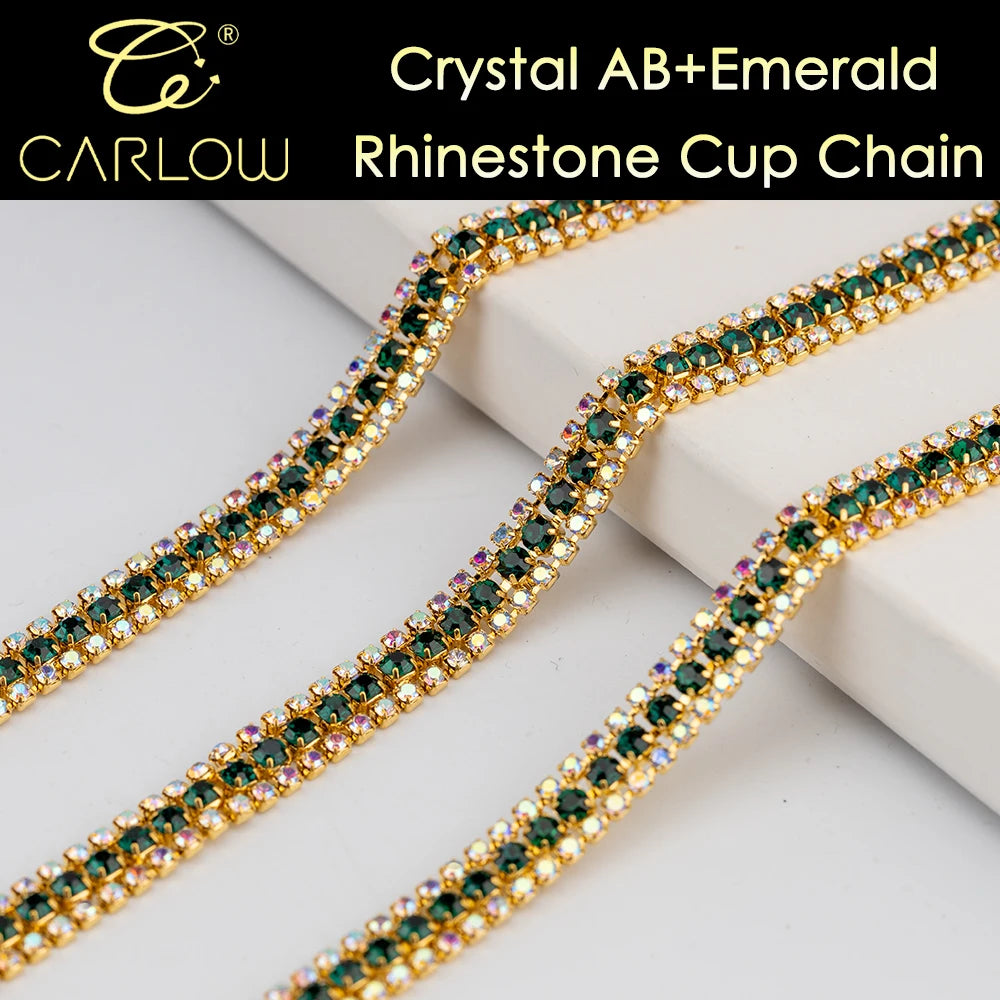 CARLOW AAAAA 3 Rows Rhinestone Cup Chain Sew on Shiny Gold Base Glass Stone Chain for Garement Decoration DIY