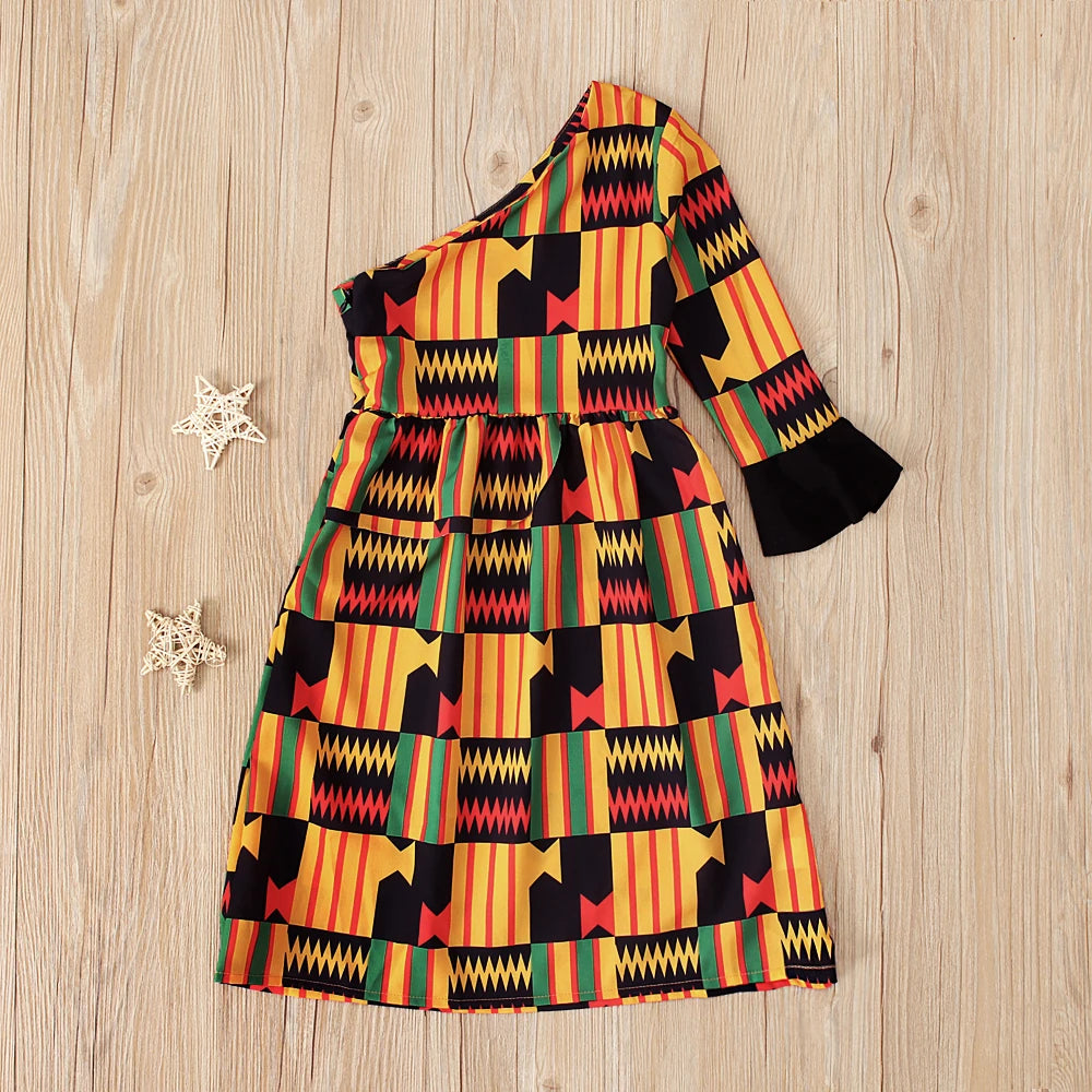 Children's European and American spring and autumn African Bohemian style off-the-shoulder one-sleeved dress long dress chil