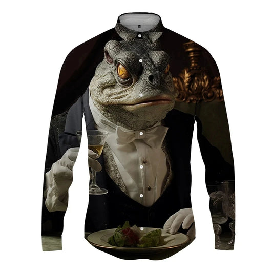 Cold-Blooded Lizard Print Men's Shirts Casual Single-Breasted Blouses Long Sleeve Shirt Streetwear Lapel Tops Trend Men Clothing