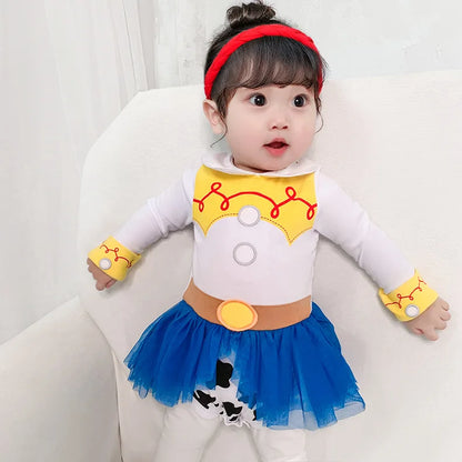 Baby Girls Princess Romper Bodysuit Headband 2pcs Elsa Anna Snow White Mermaid Bell Costumes Newborn Jumpsuits Tulle Bow Rompers