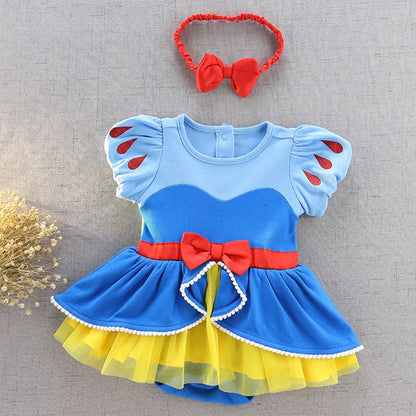 Baby Girls Princess Romper Bodysuit Headband 2pcs Elsa Anna Snow White Mermaid Bell Costumes Newborn Jumpsuits Tulle Bow Rompers