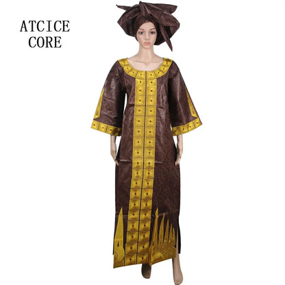 African Dresses For Woman Bazin Riche Embroidery Desing Long Dress With Scarf 2 Piece Set