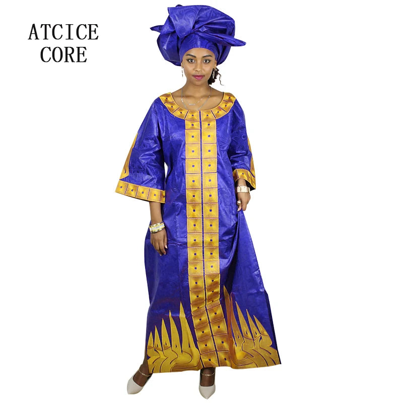 African Dresses For Woman Bazin Riche Embroidery Desing Long Dress With Scarf 2 Piece Set