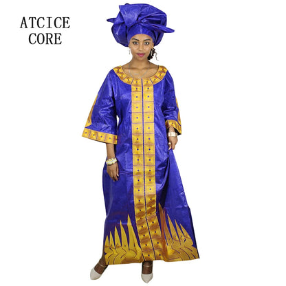 African Dresses For Woman Bazin Riche Embroidery Desing Long Dress With Scarf 2 Piece Set