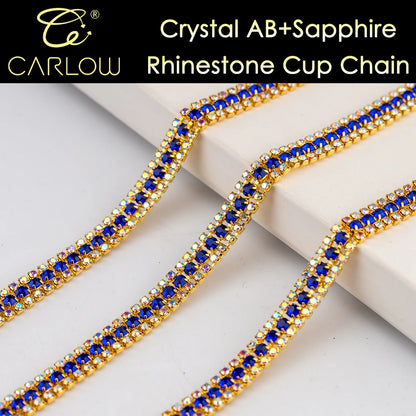 CARLOW AAAAA 3 Rows Rhinestone Cup Chain Sew on Shiny Gold Base Glass Stone Chain for Garement Decoration DIY