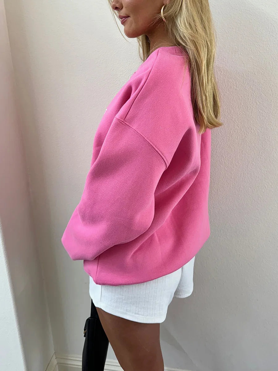 Cute Pink Bow Prints Hoodie for Women Fall Casual Loose Round Neck Long Sleeve Sweatshirts Female Spring Pullovers Tops Coat Y2K