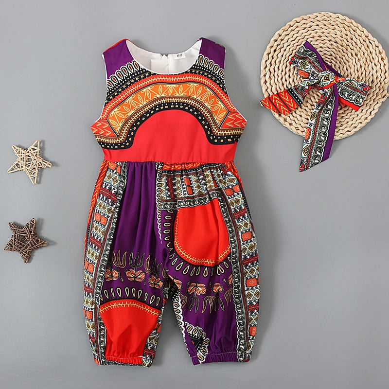 Girls Summer African Bohemian Style Sleeveless Bodysuit Long Romper + Hairband 2 Pieces Children's Clothing