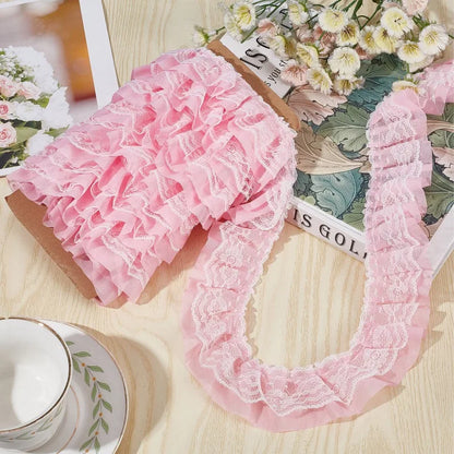 11 Yards Pink Double-Layer Pleated Chiffon Lace Trim 5cm Wide 2-Layer Gathered Ruffle Trim Edging Tulle Trimmings Fabric Ribbon