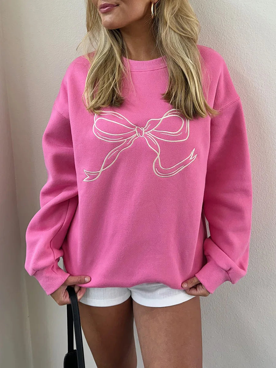 Cute Pink Bow Prints Hoodie for Women Fall Casual Loose Round Neck Long Sleeve Sweatshirts Female Spring Pullovers Tops Coat Y2K