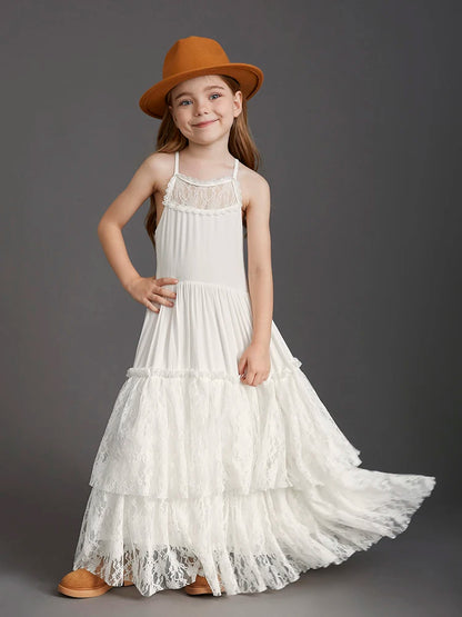 New 2024 Princess Girls Short Sleeve Lace Long Floor Dresses Baby Kids Flower Wedding Christmas Party Vestidos Children Clothing