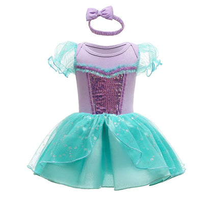 Baby Girls Princess Romper Bodysuit Headband 2pcs Elsa Anna Snow White Mermaid Bell Costumes Newborn Jumpsuits Tulle Bow Rompers