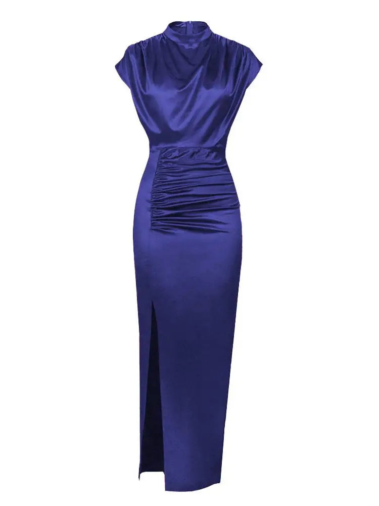 European and American Women's New Colored Satin Zipper Split High Grade Dress Long Floor Length Dress