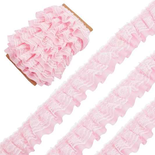 11 Yards Pink Double-Layer Pleated Chiffon Lace Trim 5cm Wide 2-Layer Gathered Ruffle Trim Edging Tulle Trimmings Fabric Ribbon