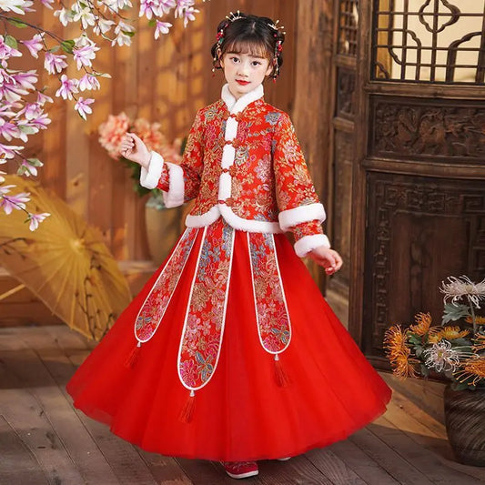 2023 children's autumn winter clothing Hanfu Girl ancient costume Thicken New Year Girls baby Tang suit red pink Stage dress