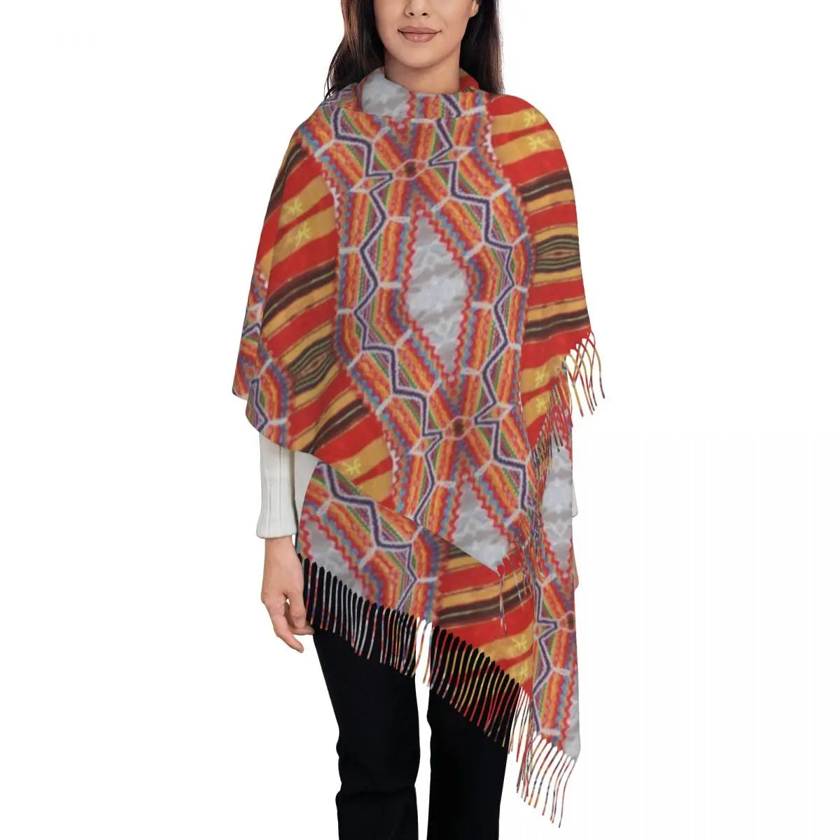 Kabyle Jewelry Scarf Wrap for Women Long Winter Fall Warm Tassel Shawl Unisex Amazigh Africa Ethnic Style Scarves