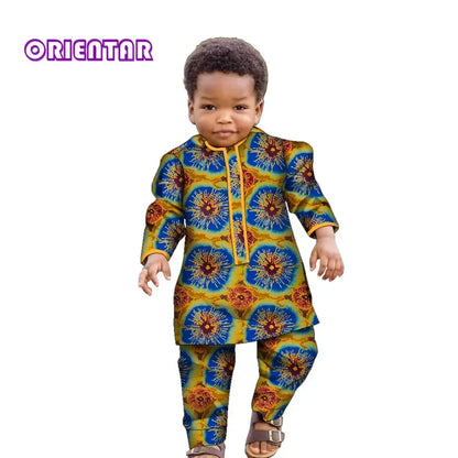 Ankara Fashion Floral Print Boy Suit 2 Pcs Set Long Sleeve Shirt and Pant African Clothes for Boy Dashiki Boy Outfit Wyt621