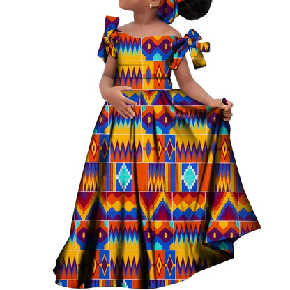 Kids Girls African Dashiki Dress Printted Vestidos Kids Cute Party Dresses African Clothing Long Dresses with Headscarf Wyt659