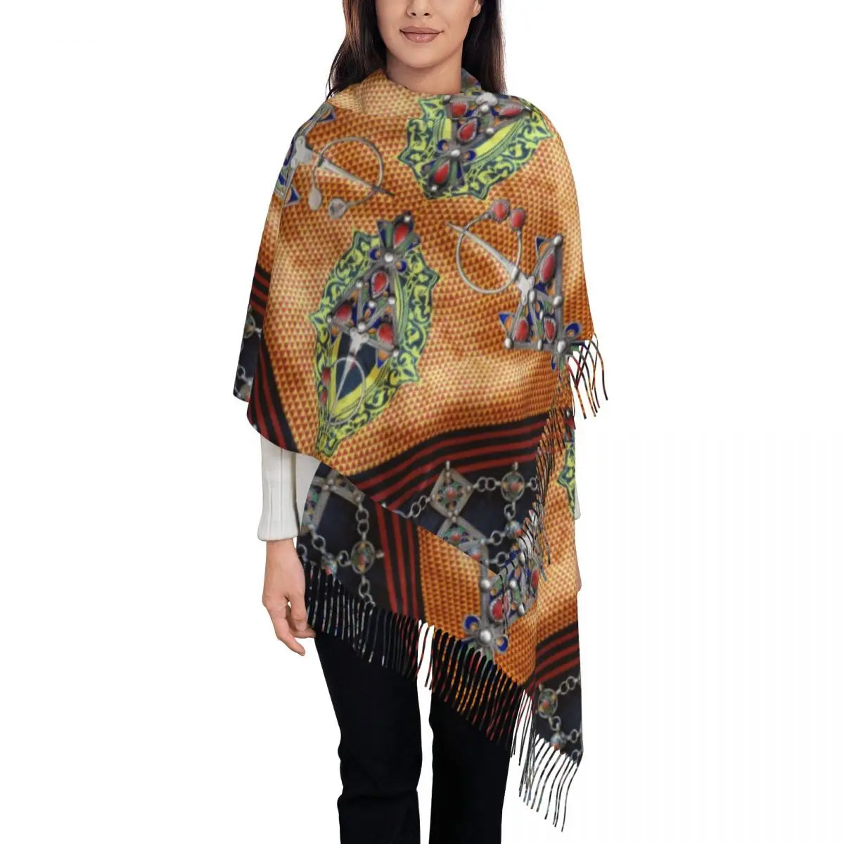 Amazigh Berber Kabyle Jewelry Scarf Wrap Women Long Winter Fall Warm Tassel Shawl Unisex Africa Ethnic Style Scarves