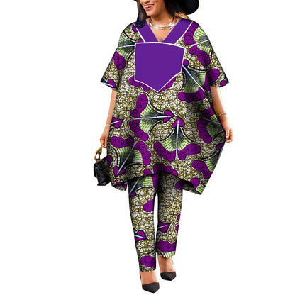 Ankara African Prints Two Pieces Set Women's Agbada Pant Suits Wax Cotton Loose T-Shirt Dashiki Clothing Plus Size WY9100