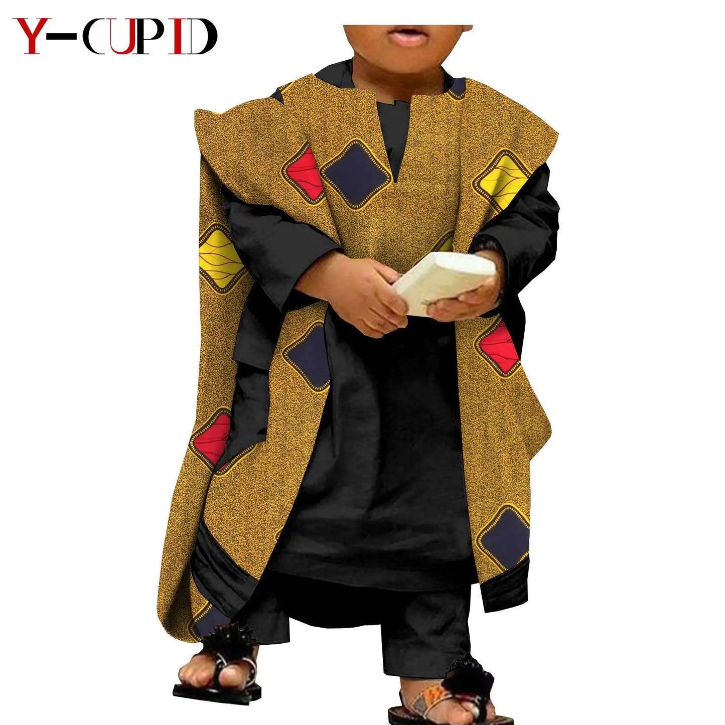 African Clothes for Kids Abaya Boys Outfits Bazin Riche Children Shirt and Pants Print Robes 3 Pieces Sets Ankara Suits S204032