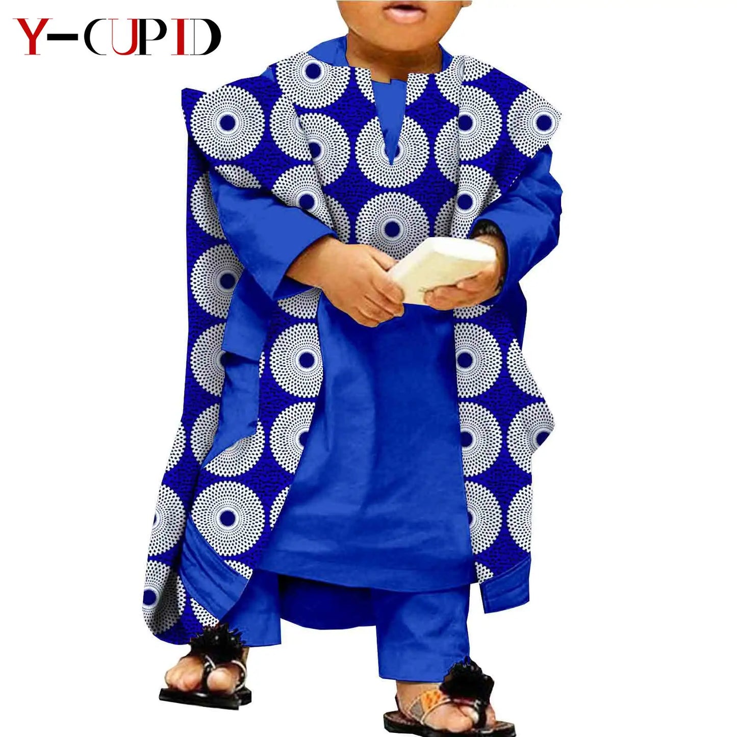 African Clothes for Kids Abaya Boys Outfits Bazin Riche Children Shirt and Pants Print Robes 3 Pieces Sets Ankara Suits S204032