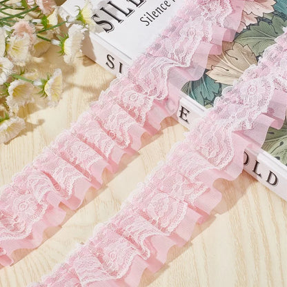 11 Yards Pink Double-Layer Pleated Chiffon Lace Trim 5cm Wide 2-Layer Gathered Ruffle Trim Edging Tulle Trimmings Fabric Ribbon