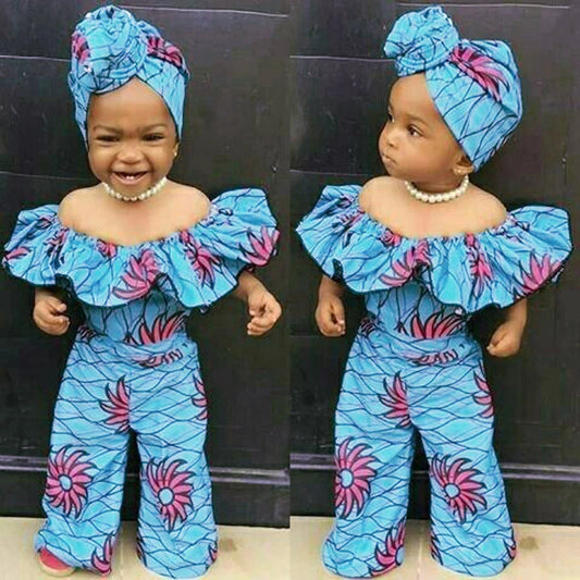 Girls Children European and American Summer Style Ruffle Off-shoulder Bohemian Bodysuit + Hairband Two-piece Set