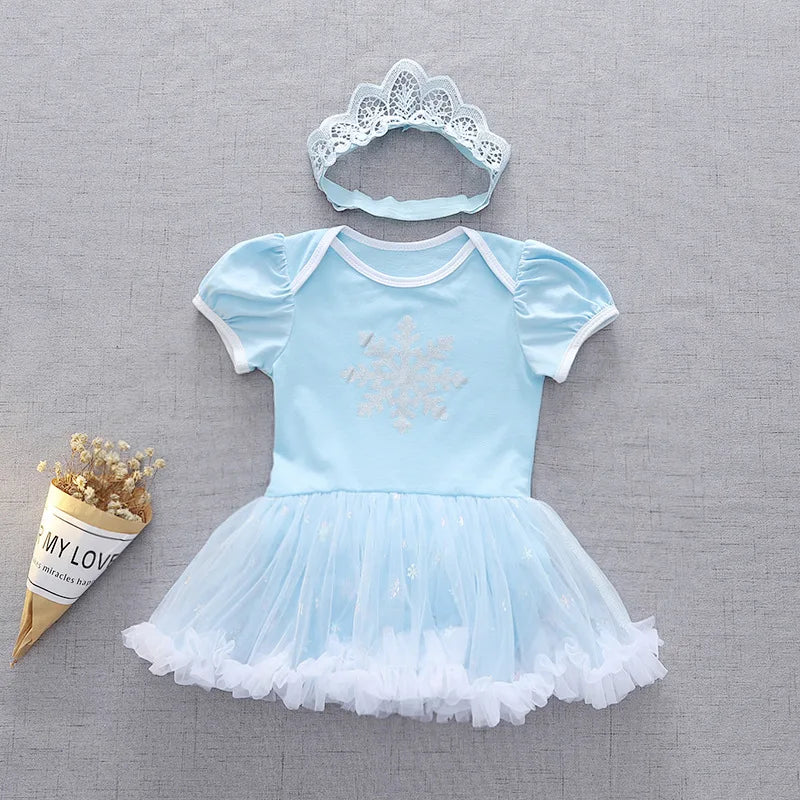 Baby Girls Princess Romper Bodysuit Headband 2pcs Elsa Anna Snow White Mermaid Bell Costumes Newborn Jumpsuits Tulle Bow Rompers